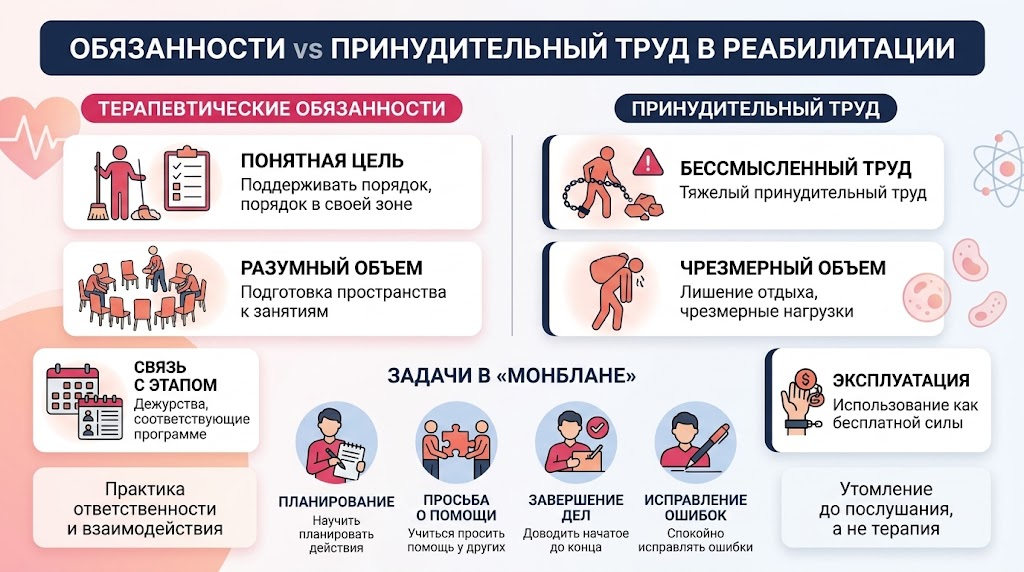 Сравнительная инфографика «Обязанности против принудительного труда в реабилитации» клиники «Монблан»